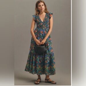 Anthropologie Peregrine Teal Smocked Dress